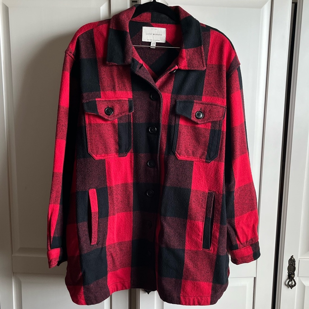 Lucky Brand red and black buffalo plaid shacket jacket women’s M 100% cotton